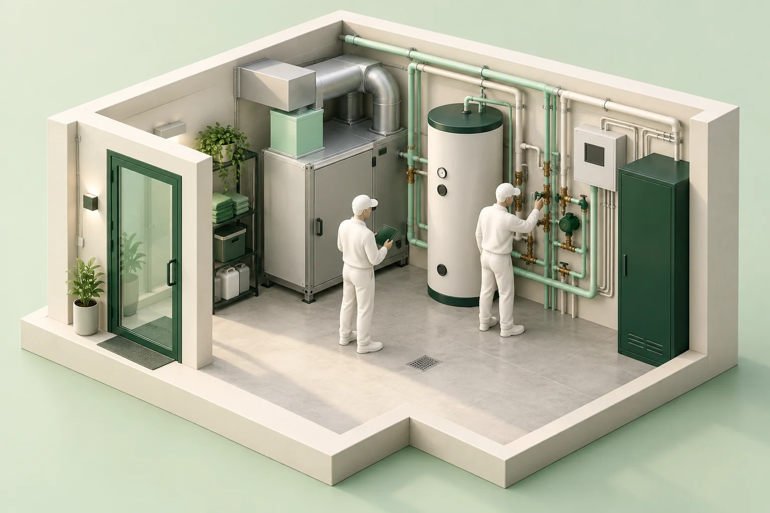 3D-miljö med teknisk förvaltning och tillsyn av ventilation, rör och ventiler i ett teknikrum.