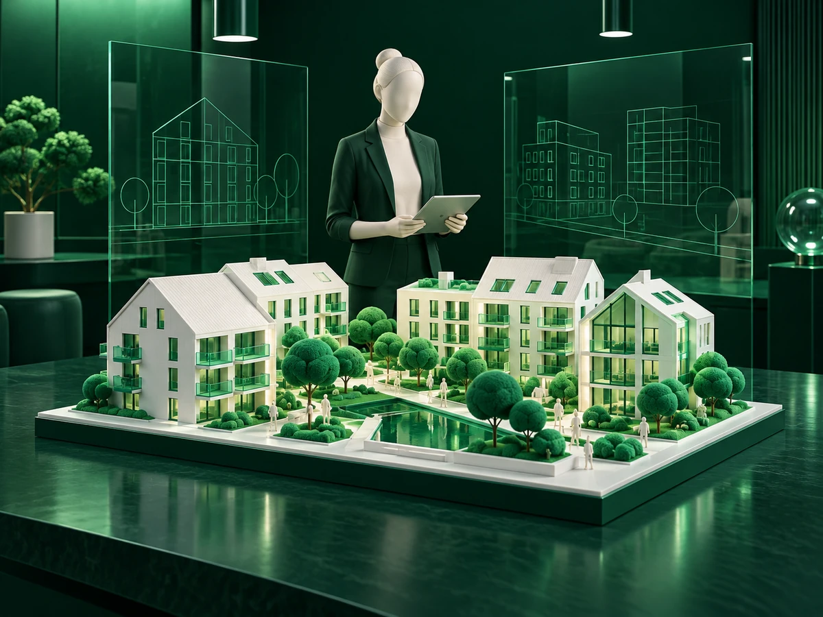 En fastighetsförvaltare planerar arbetet med en surfplatta vid en arkitekturmodell.