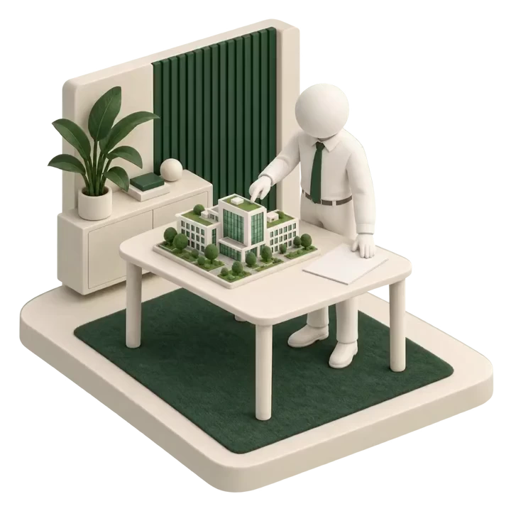 En fastighetsförvaltare planerar arbetet vid en arkitekturmodell på ett grönt bord.